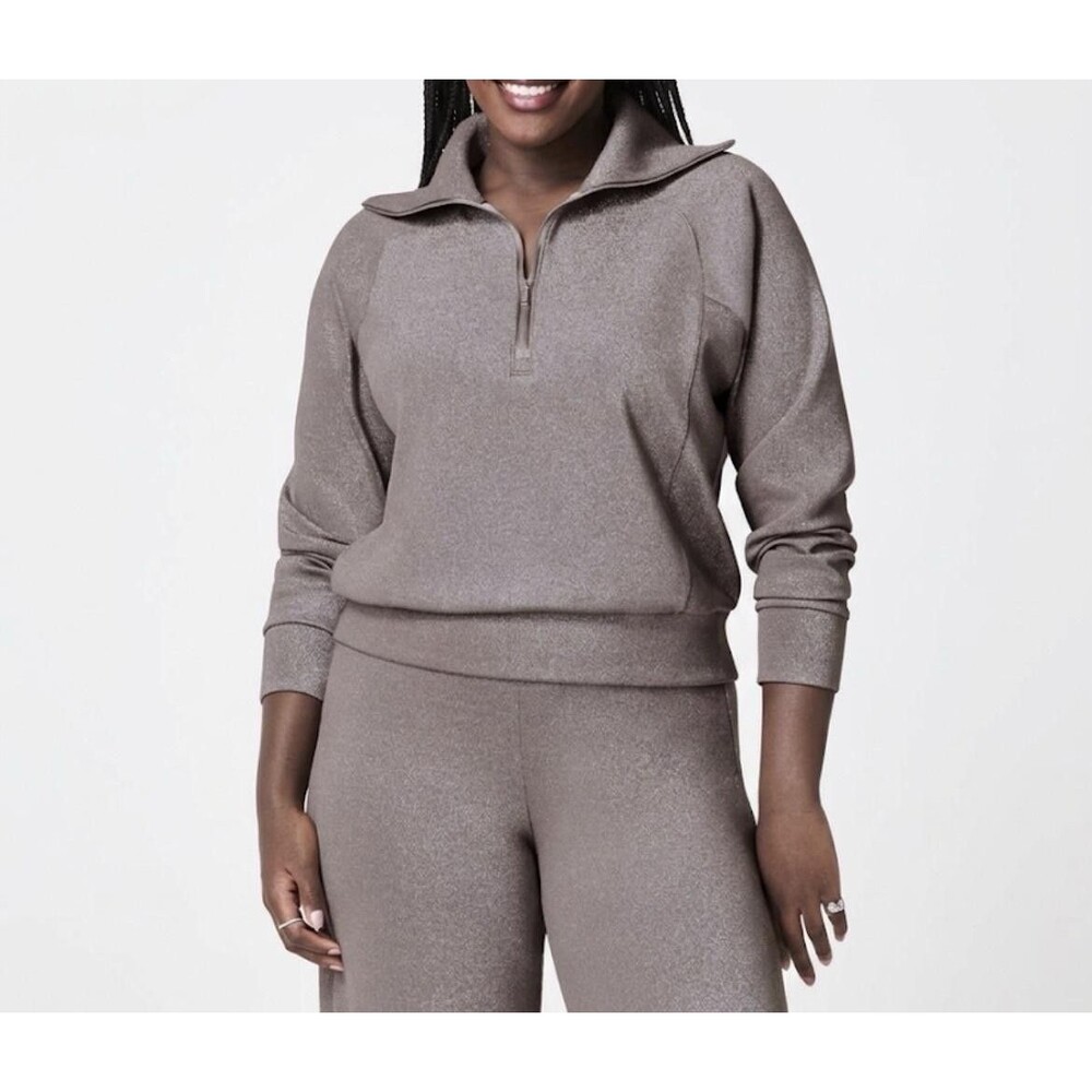SPANX Sweatshirt Womens 3X Gray Metallic 1/4 Zip Collared Relaxed Fit Stretch